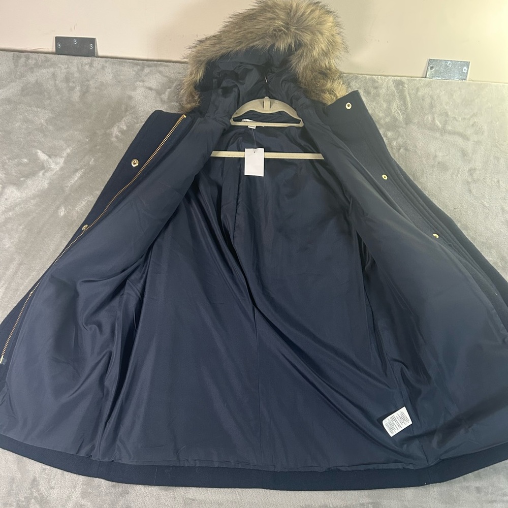 J. Crew mercantile wool navy blue faux fur hooded coat - Picture 6 of 13